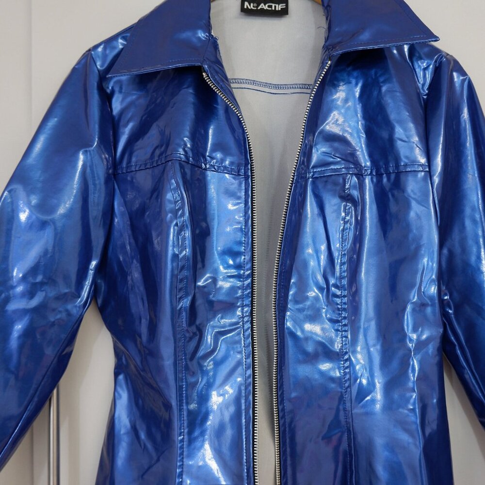 1990s Y2K Vinyl Look Shiny Slick Blue Polyurethane Jacket S Club - Picture 5 of 8